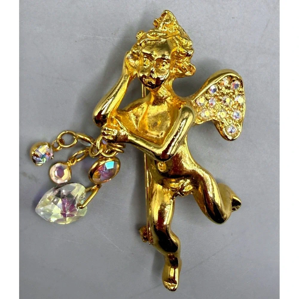 Kirks Folly Gold Tone Cherub Angel Brooch AB Rhinestone Heart Dangle Pin Vintage